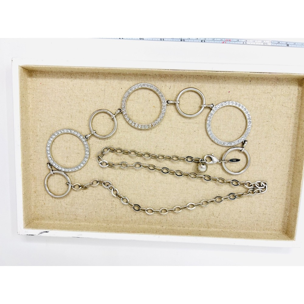 NY New York & Company Silver Tone Crystal Encrusted Circle Link Chain Belt 44in